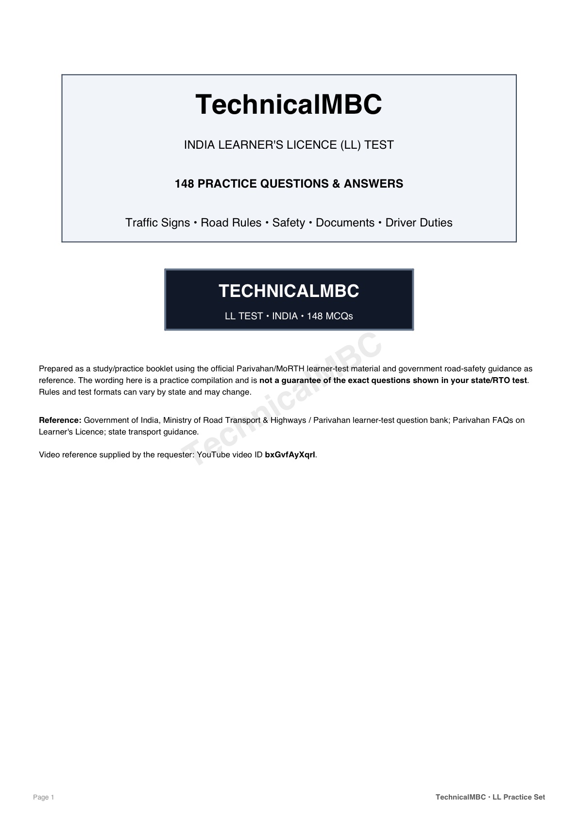 TechnicalMBC India Learners Licence 148 Questions